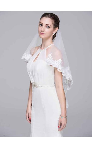 Two-tier Lace Applique Edge Elbow Bridal Veils With Lace